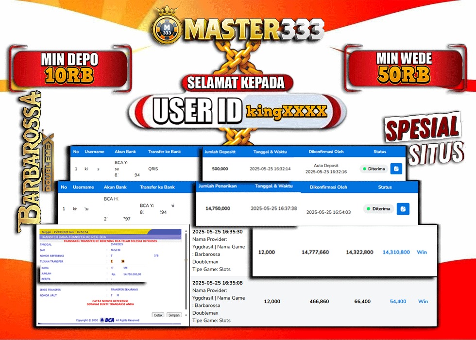 MASTER333 JACKPOT SLOT Barbarossa Doublemax  Rp.14,750,000.,- LUNAS