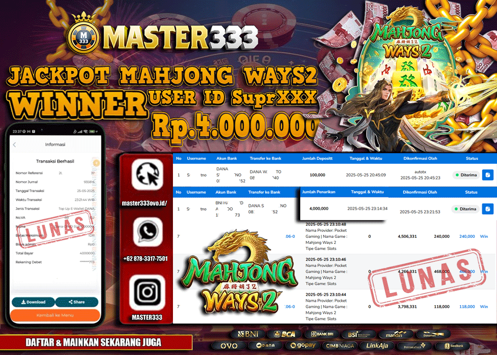 MASTER333 JACKPOT SLOT Mahjong Ways 2 Rp.4,000,000.,- LUNAS
