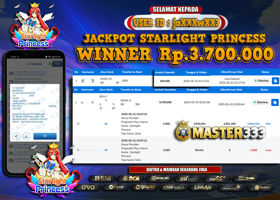 MASTER333 JACKPOT SLOT Starlight Princess  Rp.3,700,000.,- LUNAS