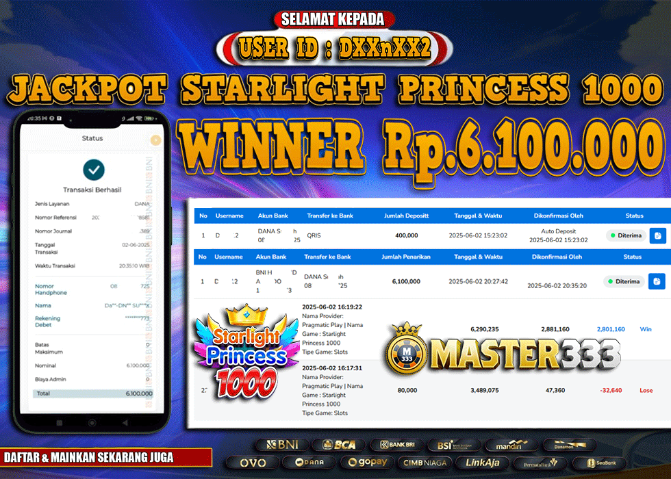 MASTER333 JACKPOT SLOT Starlight Princes 1000  Rp.6,100,000.,- LUNAS