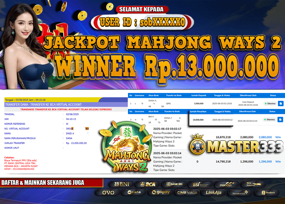 MASTER333 JACKPOT SLOT Mahjong Ways 2  Rp.13,000,000.,- LUNAS