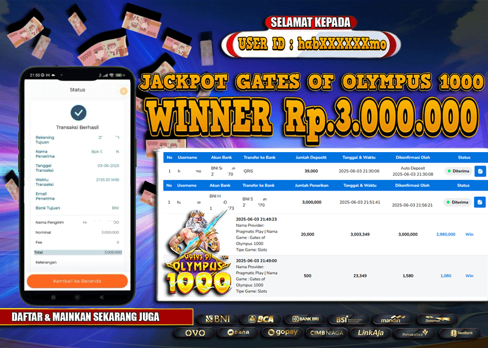 MASTER333 JACKPOT SLOT Gates Of Olympus 1000  Rp.3,000,000.,- LUNAS