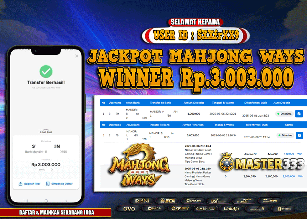 MASTER333 JACKPOT SLOT Mahjong Ways  Rp.3,003,000.,- LUNAS