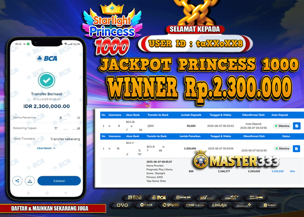 MASTER333 JACKPOT SLOT Starlight Princess 1000  Rp.2,300,000.,- LUNAS