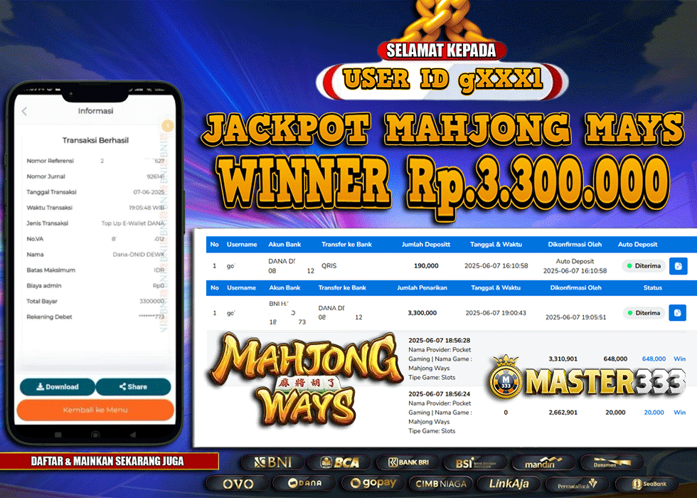 MASTER333 JACKPOT SLOT Mahjong Ways  Rp.3,300,000.,- LUNAS