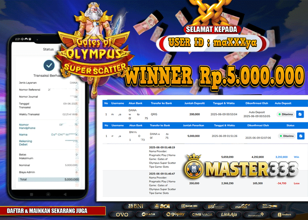 MASTER333 JACKPOT SLOT Gates Of Olympus Super Scatter  Rp.5,000,000.,- LUNAS