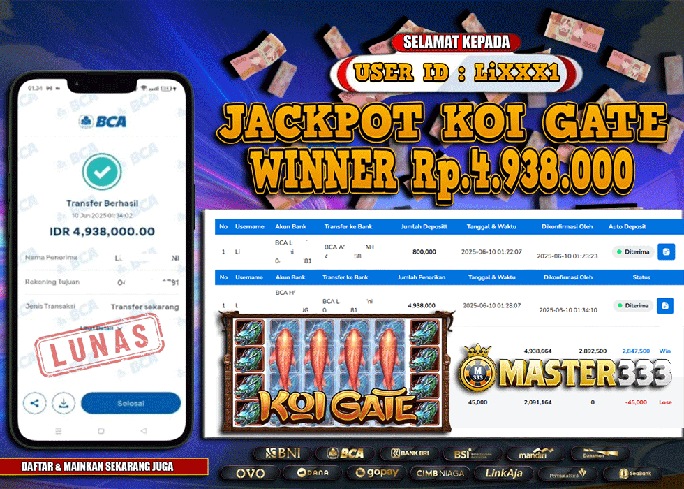 MASTER333 JACKPOT HABANERO Koi Gate  Rp.4,938,000.,- LUNAS