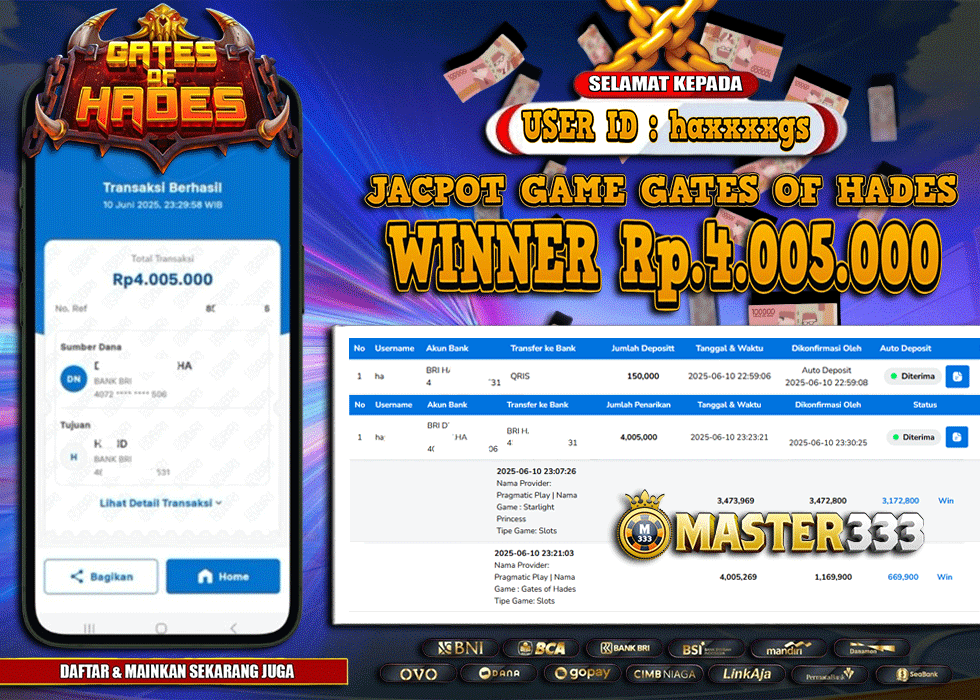 MASTER333 JACKPOT SLOT Gates Of Hades  Rp.4,005,000.,- LUNAS