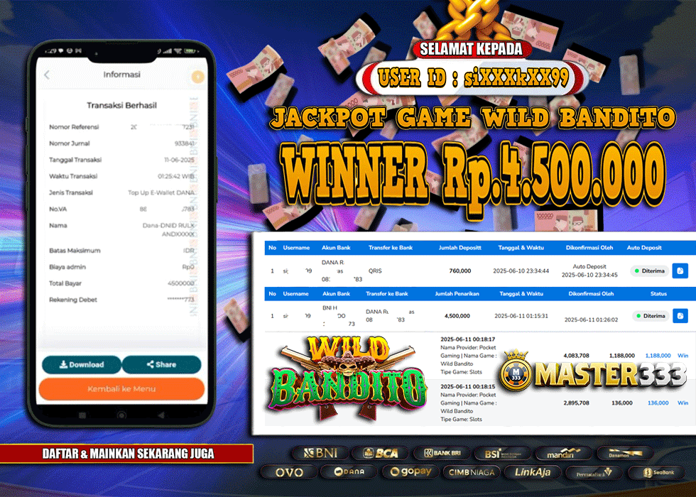 MASTER333 JACKPOT SLOT Wild Bandito  Rp.4,500,000.,- LUNAS