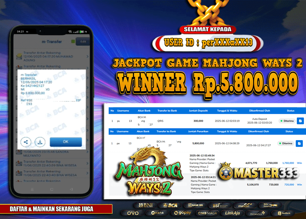 MASTER333 JACKPOT SLOT Mahjong Ways 2  Rp.5,800,000.,- LUNAS