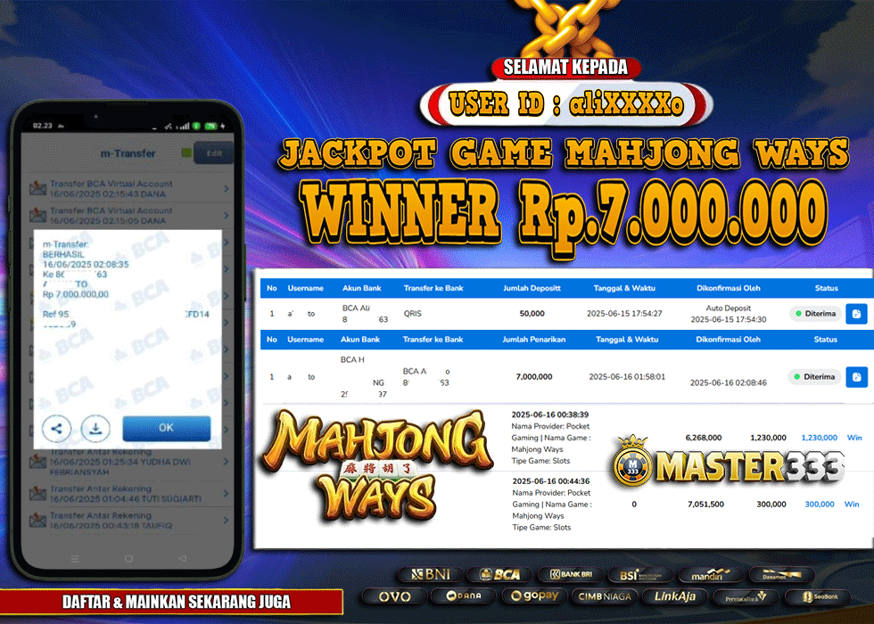 MASTER333 JACKPOT SLOT Mahjong Ways  Rp.7,000,000.,- LUNAS