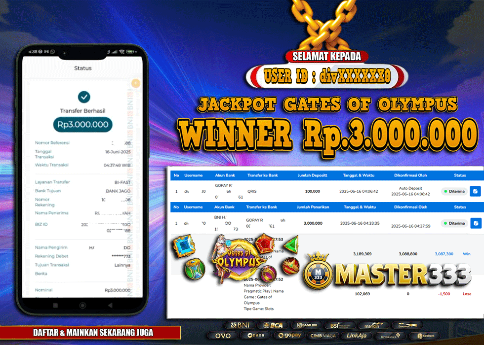 MASTER333 JACKPOT SLOT Gates Of Olympus  Rp.3,000,000.,- LUNAS