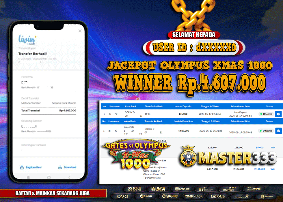 MASTER333 JACKPOT SLOT Gates Of Olympus Xmas 1000 Rp.4,607,000.,- LUNAS
