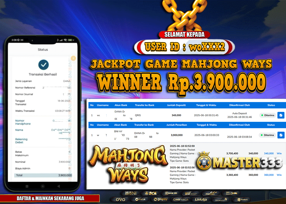 MASTER333 JACKPOT SLOT Mahjong Ways  Rp.3,900,000.,- LUNAS