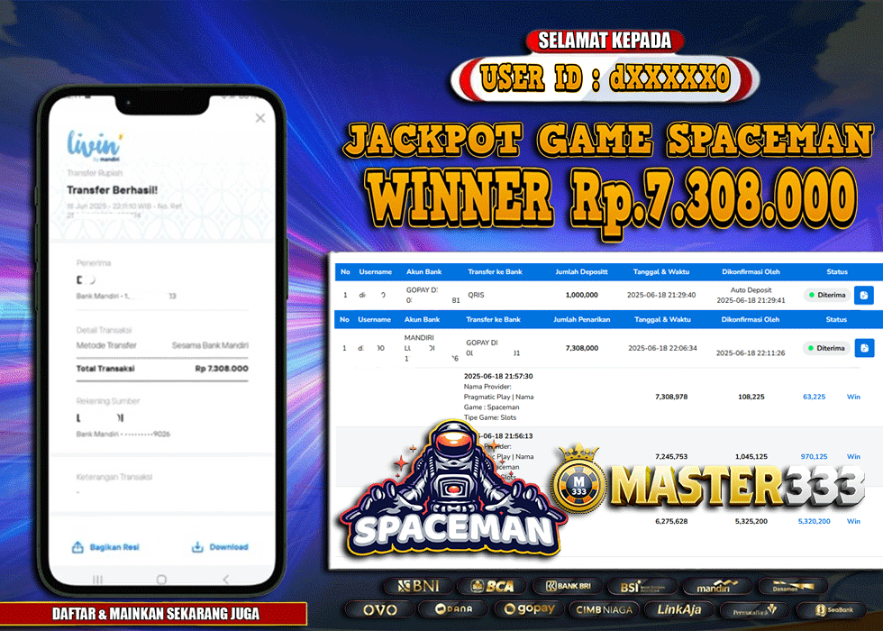 MASTER333 JACKPOT SLOT Spaceman  Rp.7,308,000.,- LUNAS