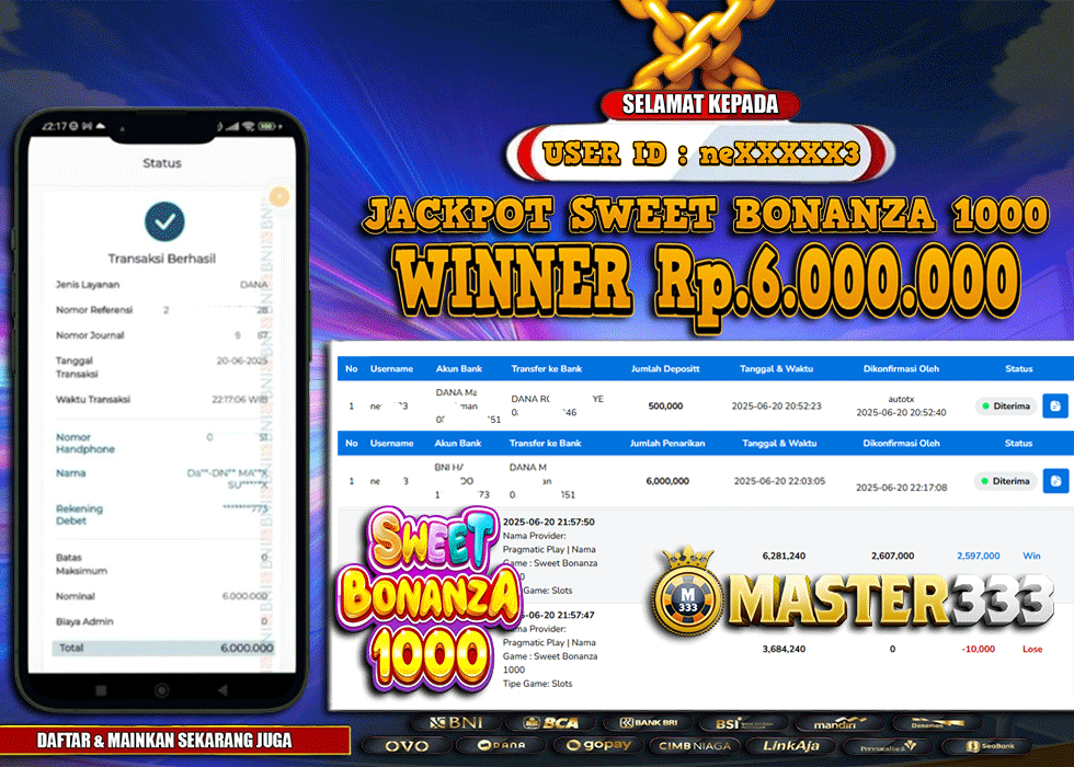 MASTER333 JACKPOT SLOT Sweet Bonanza 1000  Rp.6,000,000.,- LUNAS