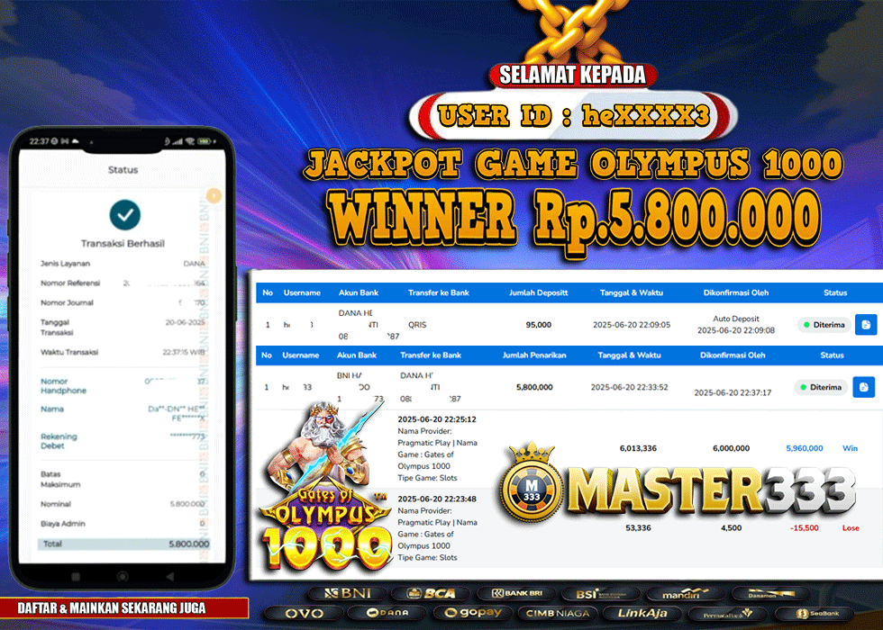 MASTER333 JACKPOT SLOT Olympus 1000  Rp.5,800,000.,- LUNAS