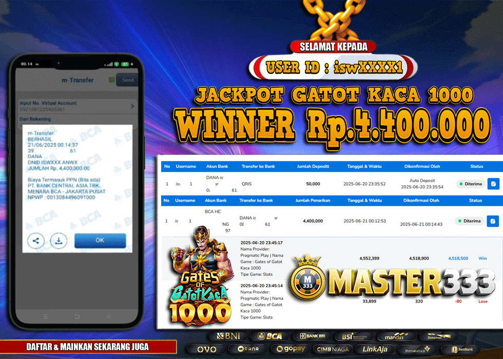MASTER333 JACKPOT SLOT Gatot Kaca 1000  Rp.4,400,000.,- LUNAS