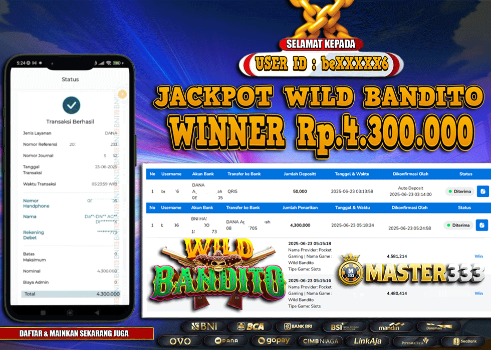 MASTER333 JACKPOT SLOT Wild Bandito  Rp.4,300,000.,- LUNAS