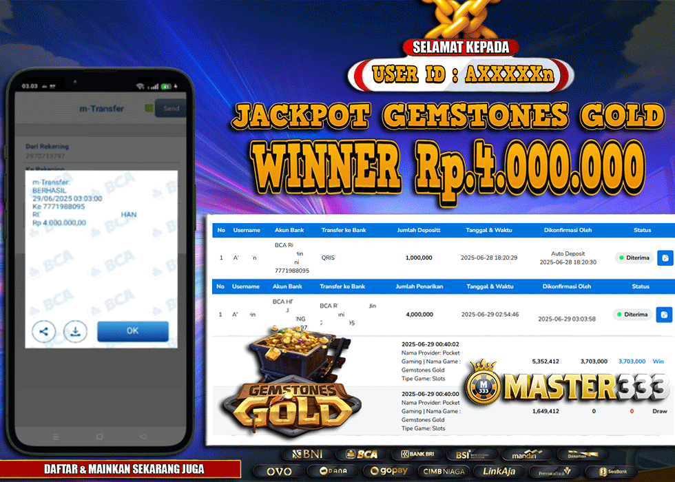MASTER333 JACKPOT SLOT Gemstones Gold  Rp.4,000,000.,- LUNAS