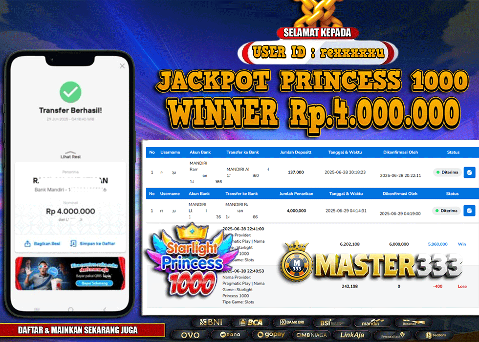 MASTER333 JACKPOT SLOT Princess 1000 Rp.4,000,000.,- LUNAS