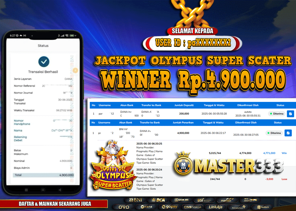 MASTER333 JACKPOT SLOT Olympus Super Scater  Rp.4,900,000.,- LUNAS