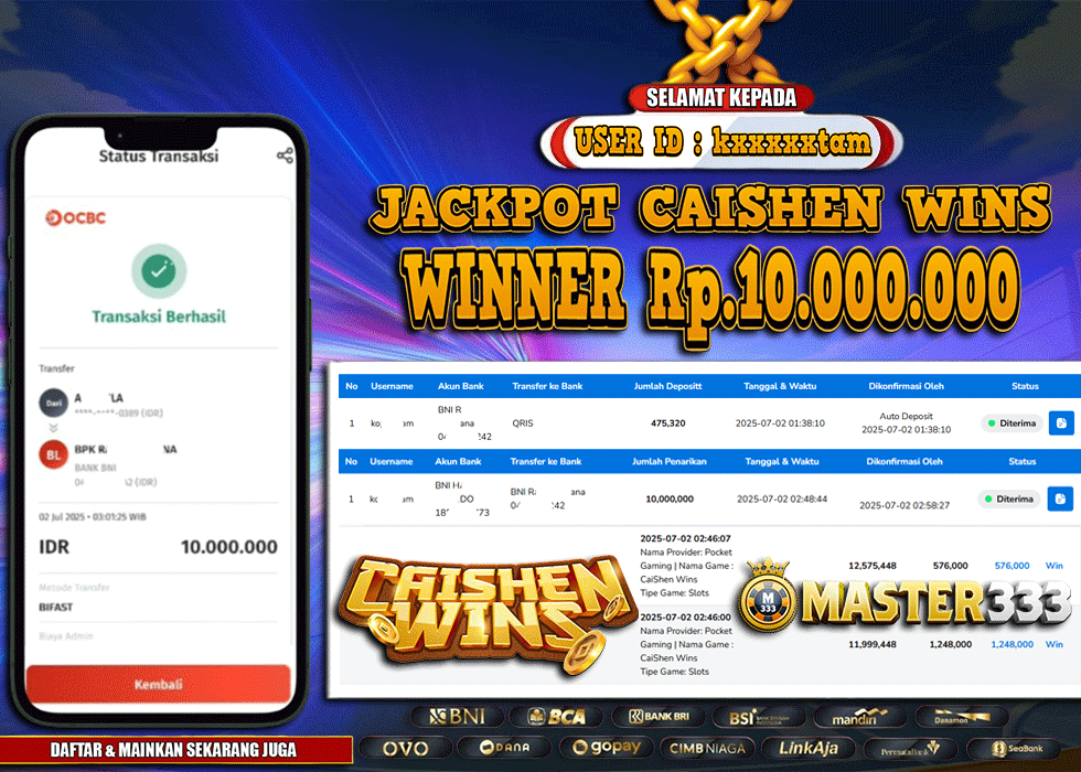 MASTER333 JACKPOT SLOT Caishen Wins  Rp.10,000,000.,- LUNAS