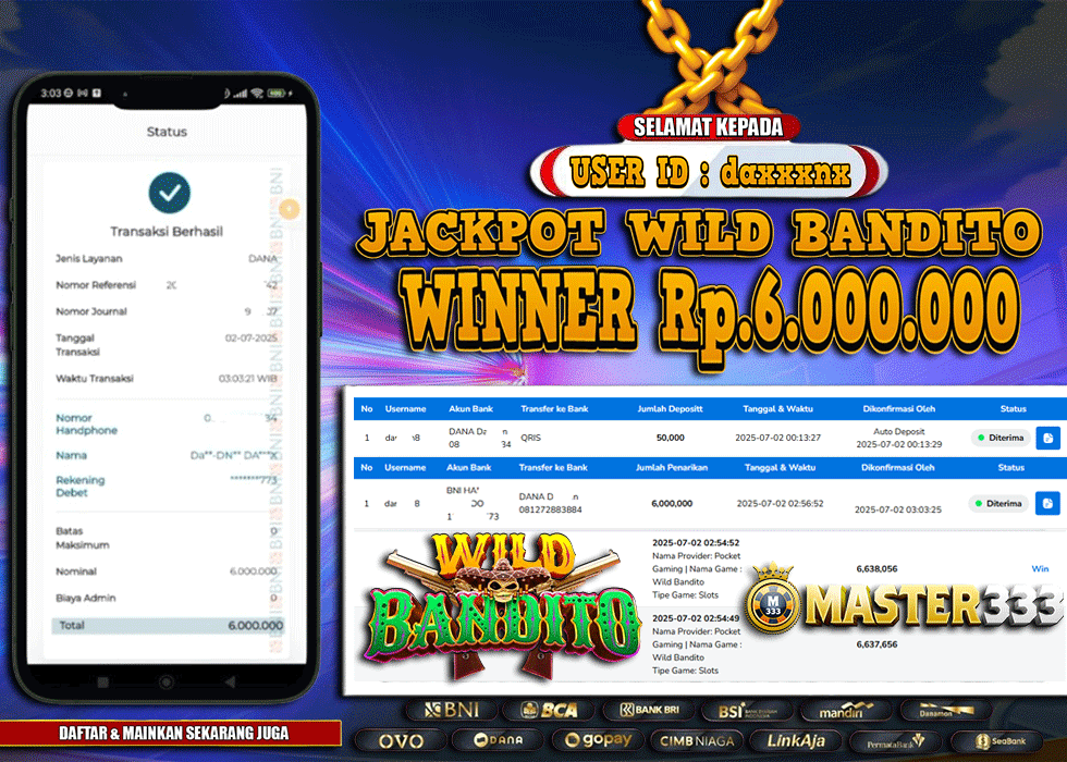 MASTER333 JACKPOT SLOT Wild Bandito  Rp.6,000,000.,- LUNAS