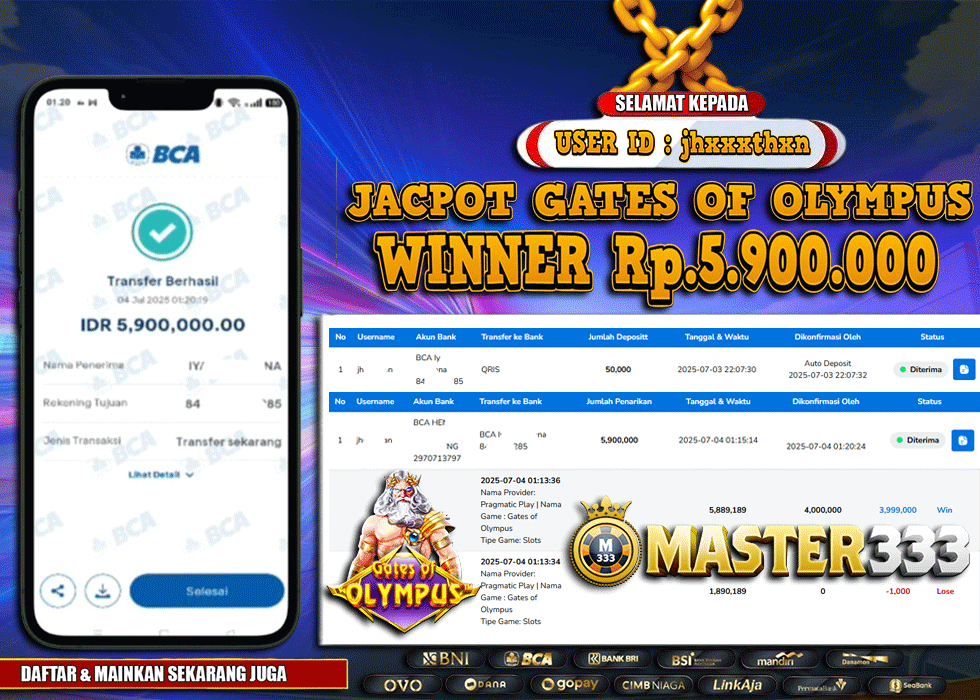 MASTER333 JACKPOT SLOT Gates Of Olympus  Rp.5,900,000.,- LUNAS
