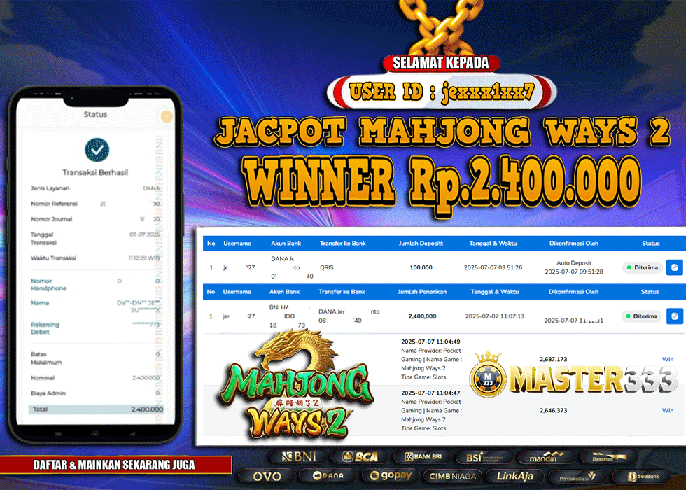 MASTER333 JACKPOT SLOT Mahjong Ways 2  Rp.2,400,000.,- LUNAS