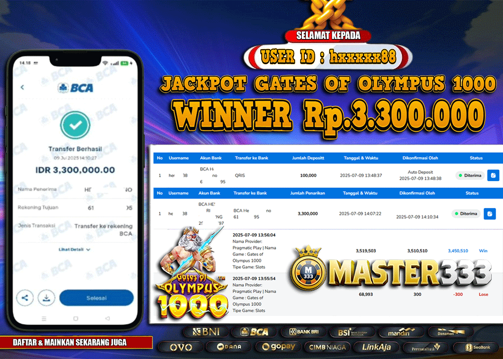 MASTER333 JACKPOT SLOT Gates Of Olympus 1000  Rp.3,300,000.,- LUNAS