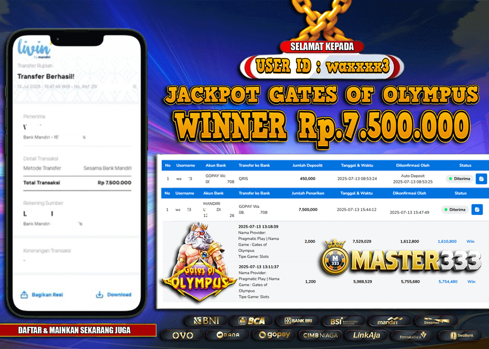 MASTER333 JACKPOT SLOT Gates Of Olympus  Rp.7,500,000.,- LUNAS
