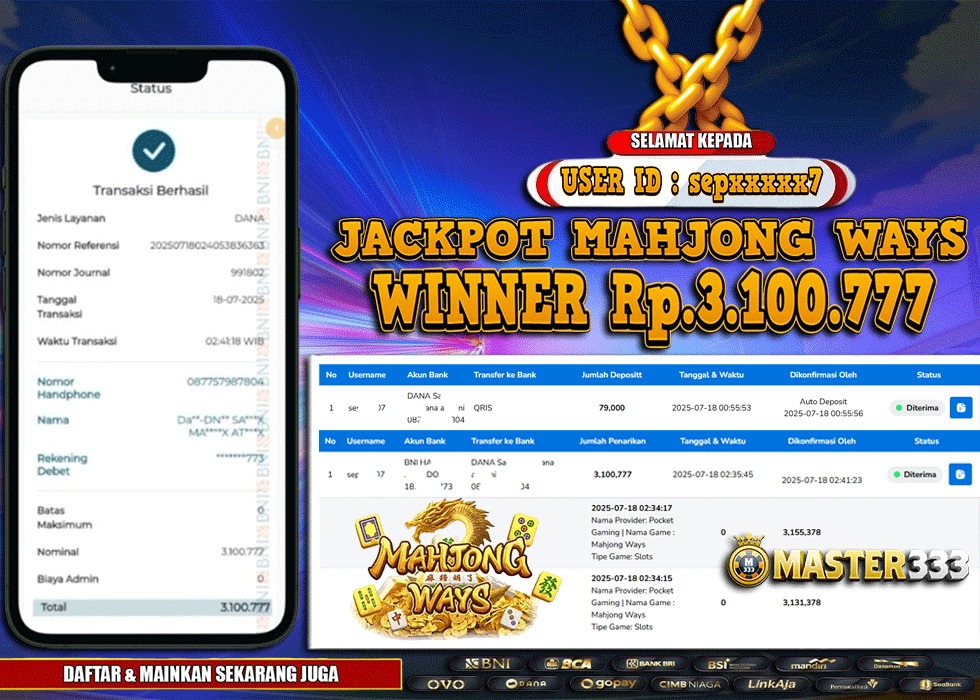 MASTER333 JACKPOT SLOT Mahjong Ways  Rp.3,100,777.,- LUNAS