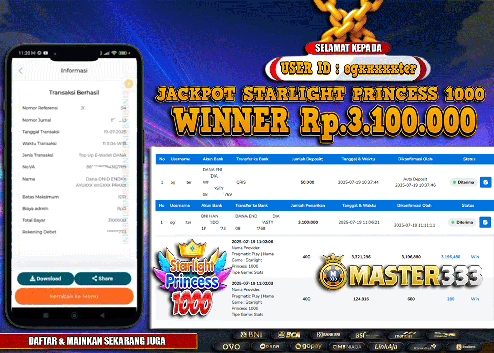 MASTER333 JACKPOT SLOT Starlight Princess 1000  Rp.3,100,000.,- LUNAS