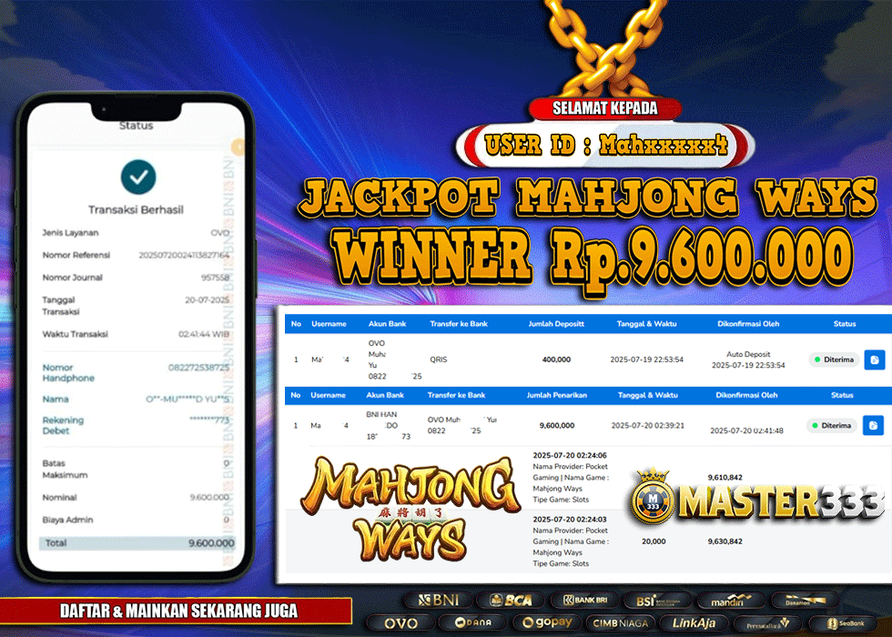 MASTER333 JACKPOT SLOT Mahjong Ways  Rp.9,600,000.,- LUNAS
