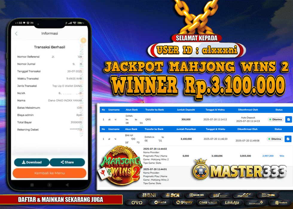 MASTER333 JACKPOT SLOT Mahjong Wins 2  Rp.3,100,000.,- LUNAS
