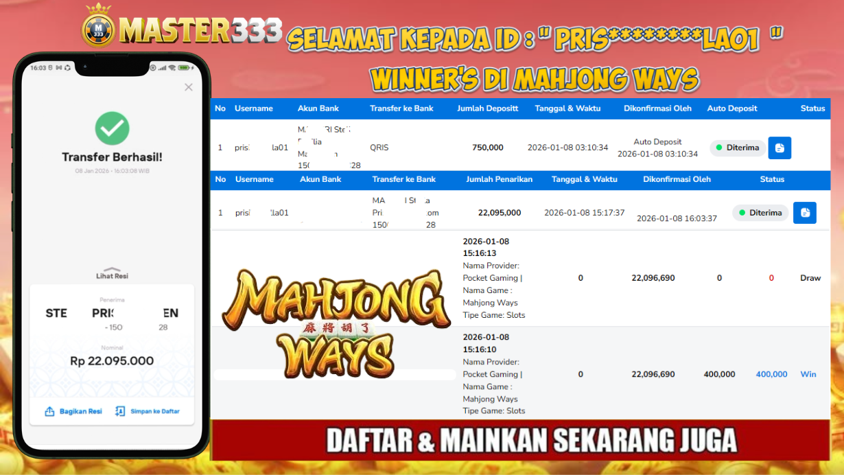 MASTER333 JACKPOT SLOT Mahjong Ways  Rp.22,095,000.,- LUNAS