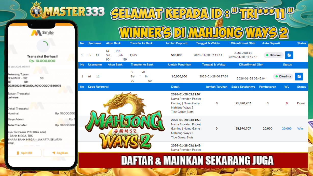 MASTER333 JACKPOT SLOT Mahjong Ways 2  Rp.10,000,000.,- LUNAS